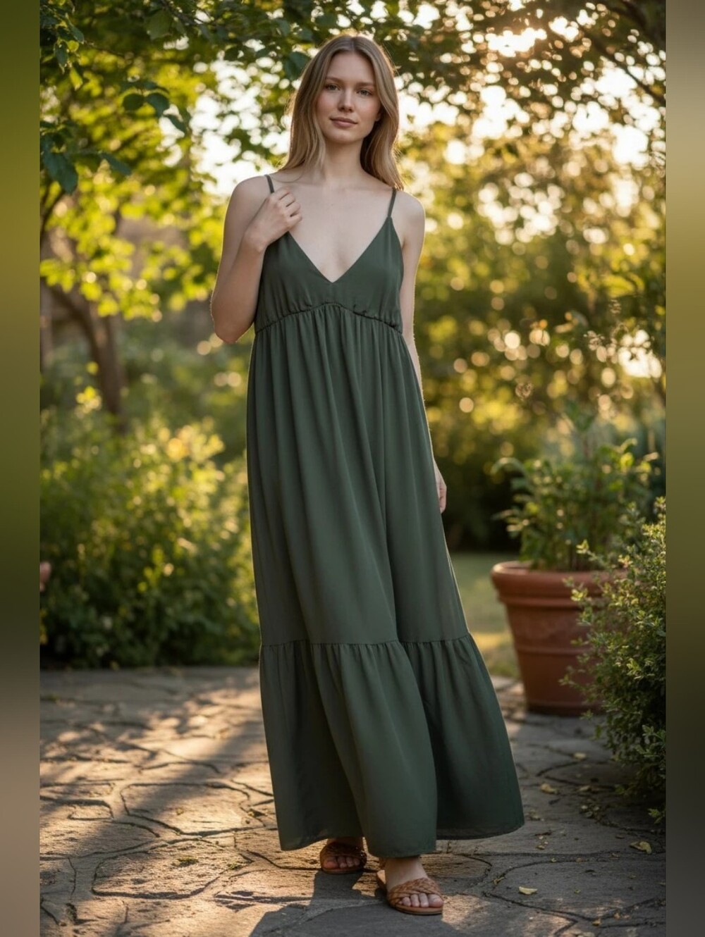 Old Navy Olive Green Maxi Tiered Dress with Spaghetti Straps Size Large